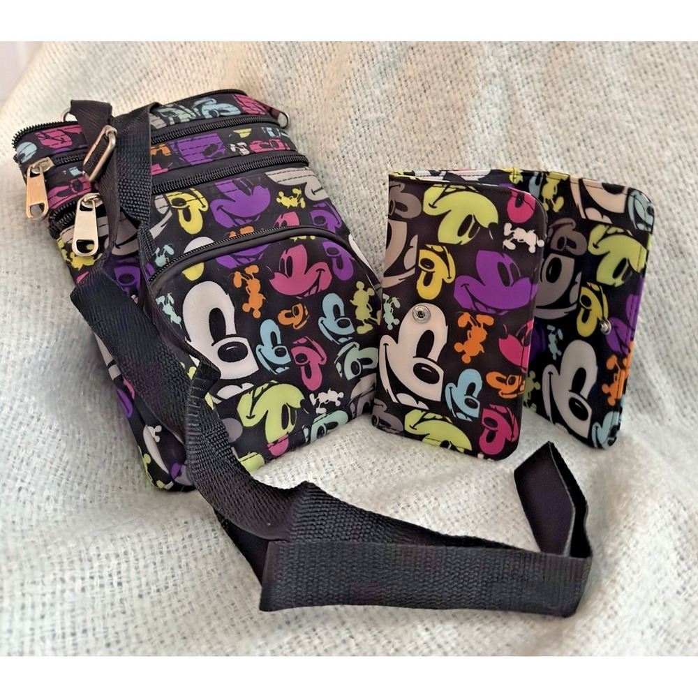 Disney Mickey‎ Mouse Crossbody Bag Wallet Set Colorful Faces Zip Purse